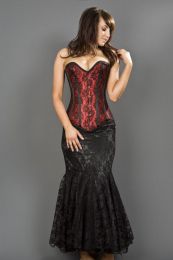 Victorian overbust corset in red satin and black lace overlay