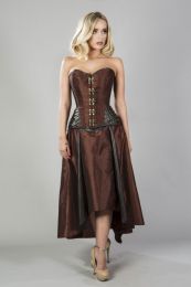 Warrior overbust steampunk corset in brass taffeta and brown matte hip panels
