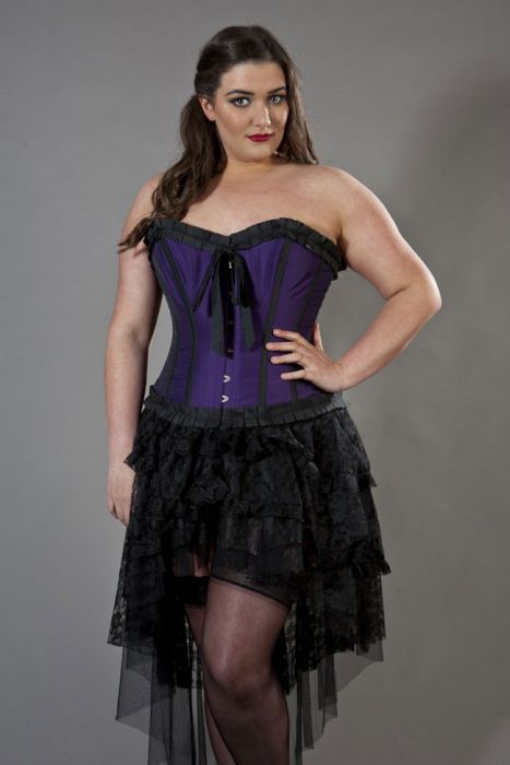 Lily overbust steel boned corset in black and lilac taffeta