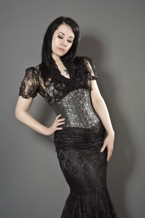 Victorian overbust corset in silver brocade