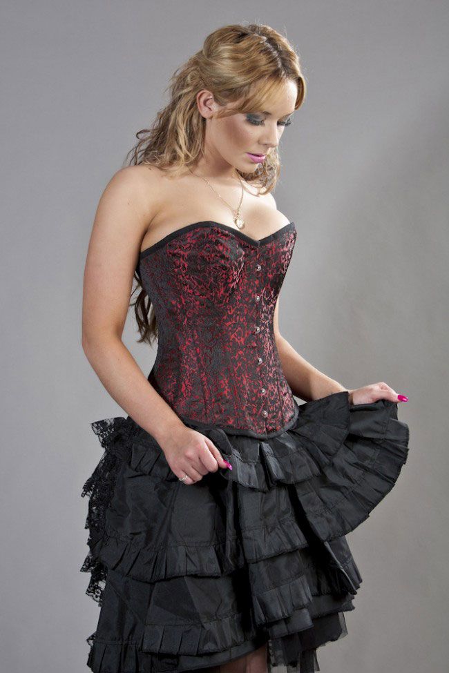 Red and Black Corset Brocade Overbust Bustier Corset 