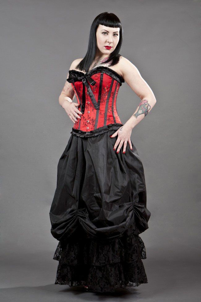 Lily overbust steel boned corset in red satin & black petals